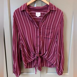 American Eagle Maroon Striped Tie Front Button Shirt